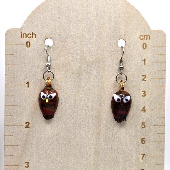 Hand Blown Art Glass Owl Set 17" Ribbon and Cord Necklace Dangle Hook Earrings - Picture 6 of 7